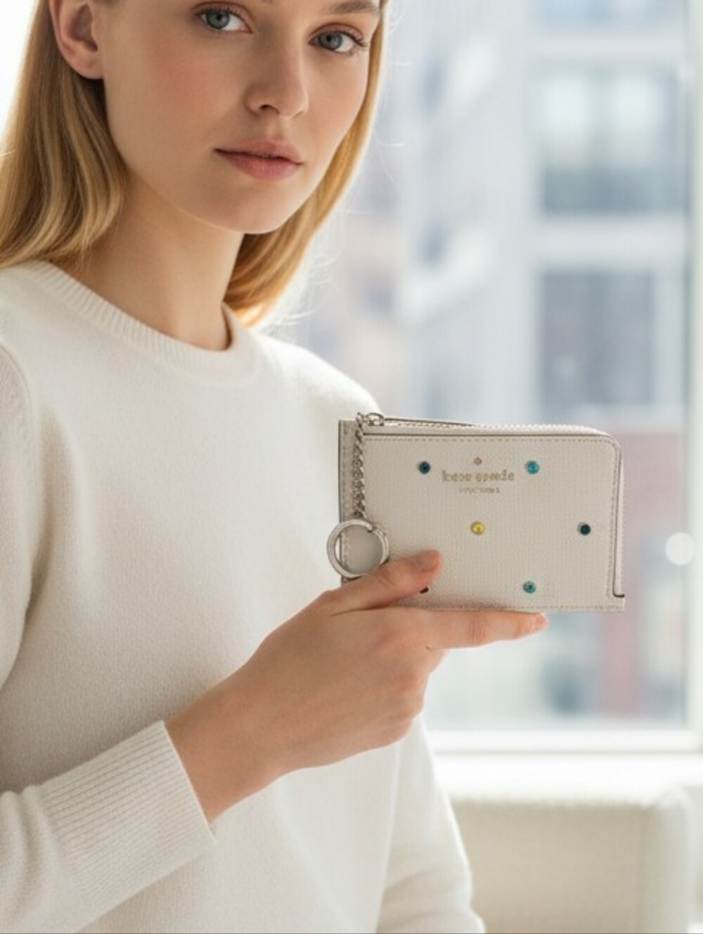 Kate Spade ♠️ Studded Darcy Medium L Zip Keychain CardHolder Cream